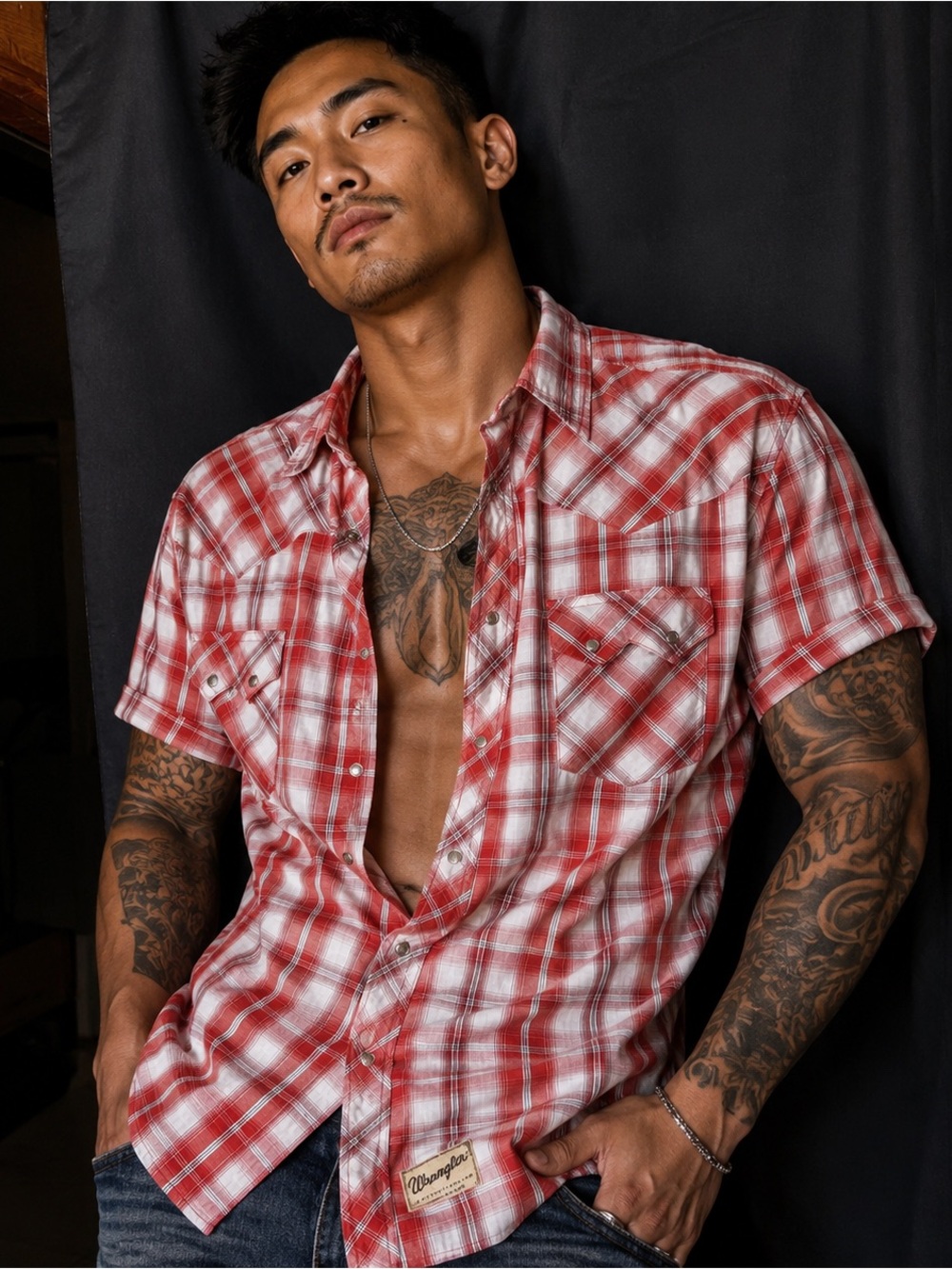 Wrangler Red and White Plaid Short-Sleeve Button-Down Shirt
